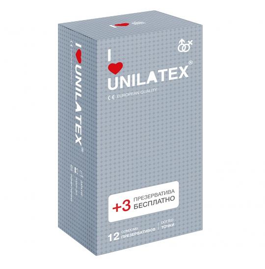 Презервативы Unilatex Dotted (С точками) 12+3 шт в подарок